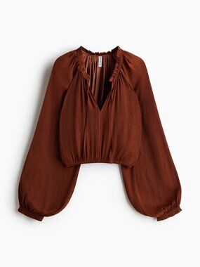 H&M Rust Tie-Neck Cropped Peasant Blouse XL NWT Boho Cottagecore 70s Romantic